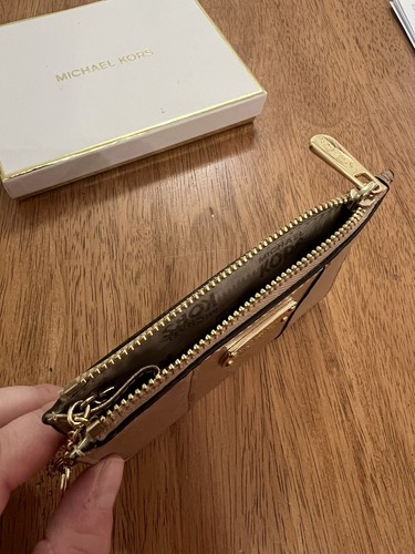 Michael Kors Met Center Stripe Leather Top Zip ID Coin Pouch Black Gold with Box - Picture 5 of 11