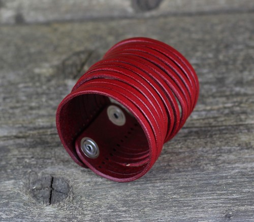 Red leather bracelet, women's cuff, men's bracelet, leather accessories. - Picture 2 of 10