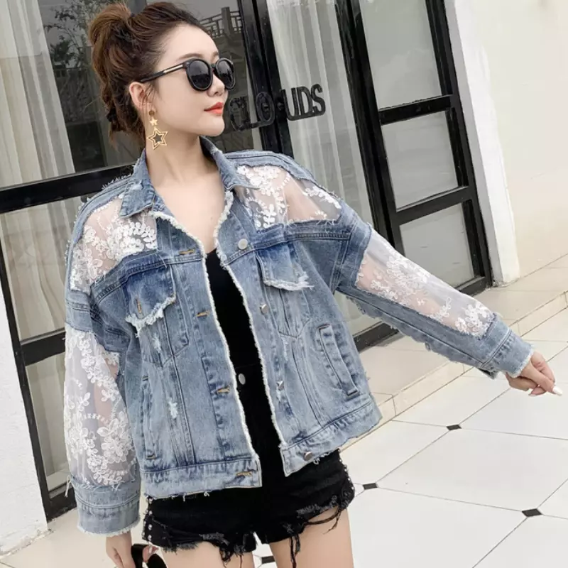 Girls Floral Sheer Lace Denim Jacket Coat Embroidery Loose Ripped