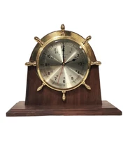Bell Clock Co. Quartz Brass Ships Clock on Wood Stand - WORKING