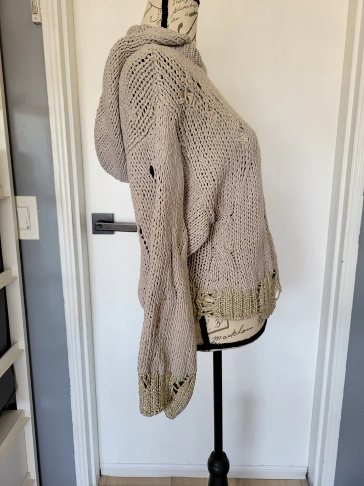 Anthropologie Moth Made in Italy Open Chunky Knit Distressed Hooded Sweater  XS - Image 3 of 4