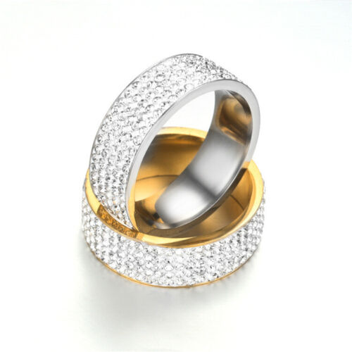 Men Women Stainless Steel Crystal Band Ring Gold Silver Wedding Band Ring SZ6-13 - Picture 6 of 16