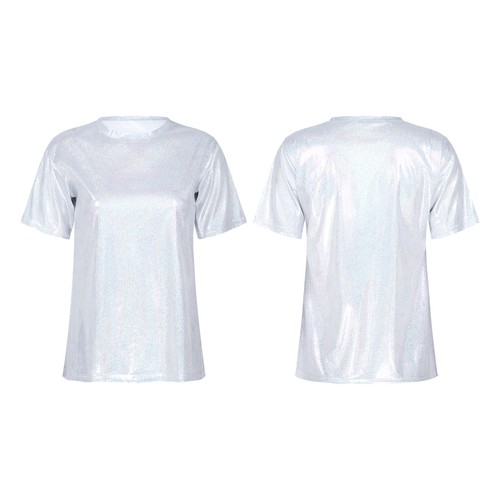 Women Short Sleeve T Shirt Metallic Shiny Top Casual Round Neck Party Club Tees - Picture 8 of 67