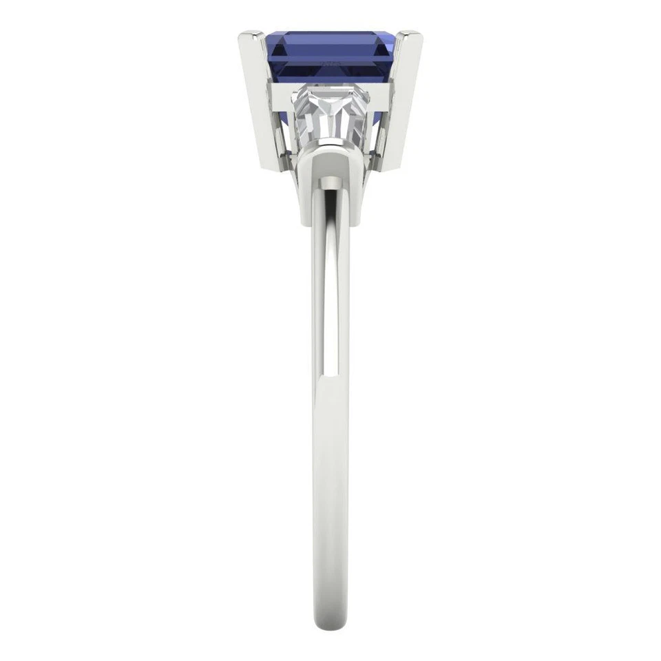 1.62 cttw Emerald Simulated Blue Sapphire 3 Stone Engagement Ring 14K White Gold - Image 3 of 4