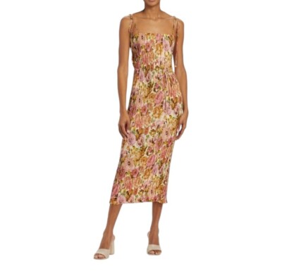 【Zimmermann】Golden pleated floral slip dress Zimmermann Golden Pleated Slip Dress | Pink Floral, Tie