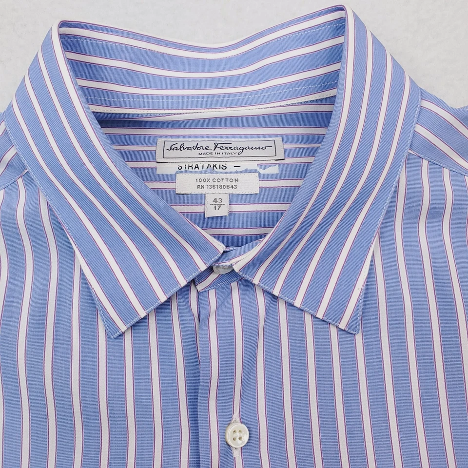 Camisa Salvatore Ferragamo Para Hombre 17 Azul Púrpura Rayas Abotonadas Puño Francés Foto 2 de 4