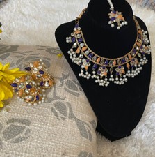 Indian /Pakistani Designer Kundan Necklace Earring Tikka Set Pearls