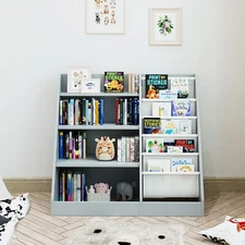 Kids Bookshelf Sling Children Bookcase Gray Storage Cabinet Playroom Classroom