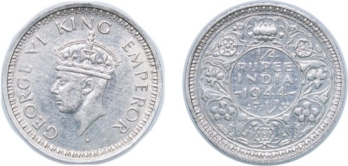 India 1944 B ¼ Rupee Silver 500 AU