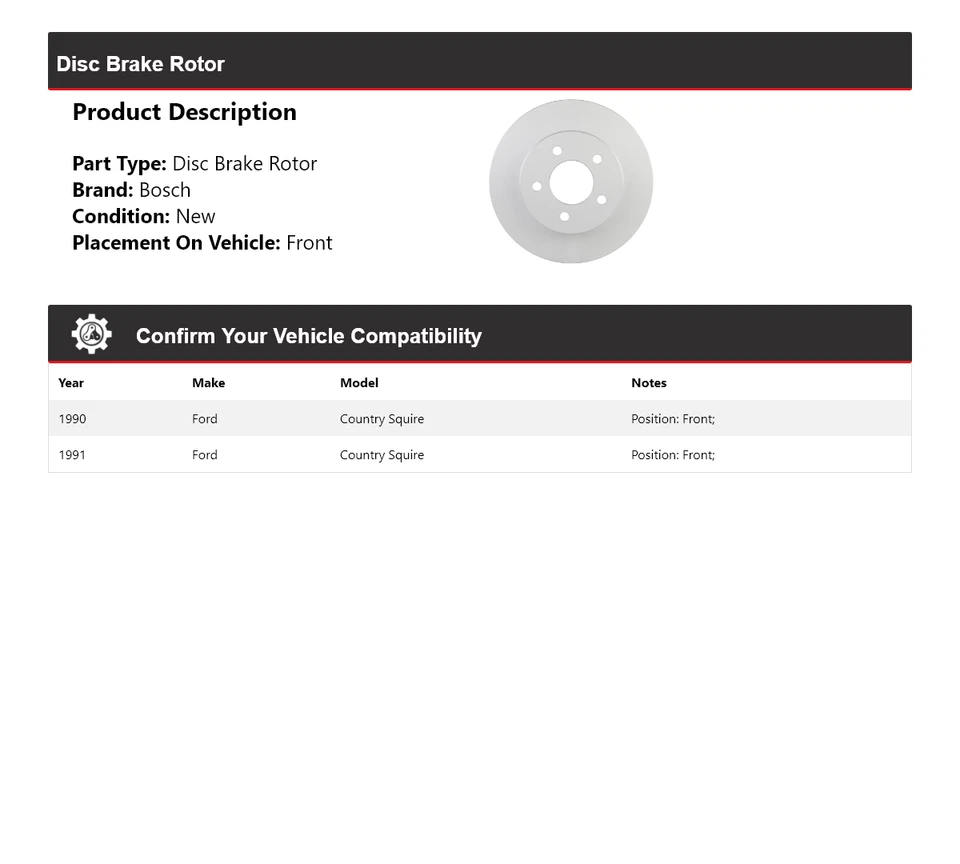 Rotor de freno de disco delantero QuietCast Bosch 1990-1991 Ford Country Squire Foto 2 de 4