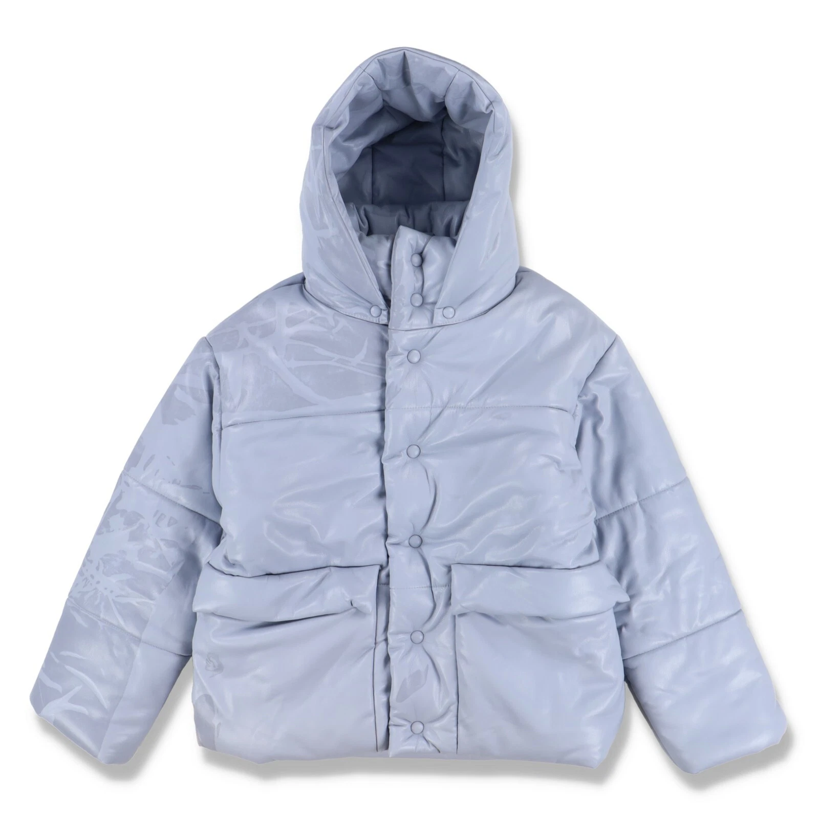 Nanushka Dusty Blue Vegan Leather Hooded Puffer Jacket | Size S FW22 RRP $995