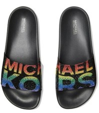MICHAEL KORS WOMEN  S GILMORE RAINBOW PRIDE POOL SLIDES SANDALS sz 10