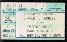 1991 BASKETBALL TICKET BULLS HORNETS MICHAEL JORDAN 1st GAME vs LARRY JOHNSON