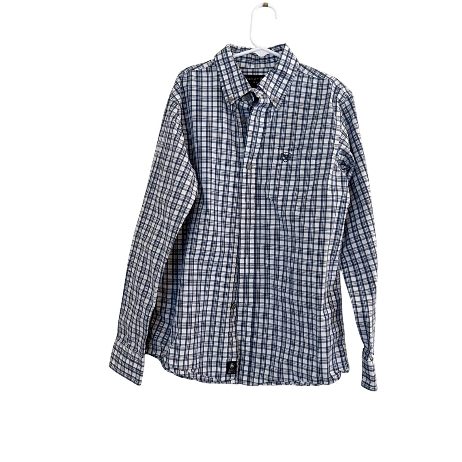 Ariat Pro Othman Classic LS Shirt Boys M 10-12 Blue White Plaid Western 10045100