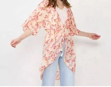 LC Lauren Conrad Pink Floral Tie Front Kimono Cover Up One Size Boho Lightweight