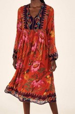 Farm Rio Midi Dress Red Floral Boho Whimsy Beaded Tassels Long Sleeve XS