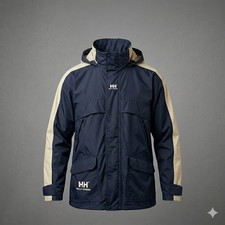Helly Hansen Jacket Men's Large Navy Blue Cream Colorblock Rain Shell Hooded HH