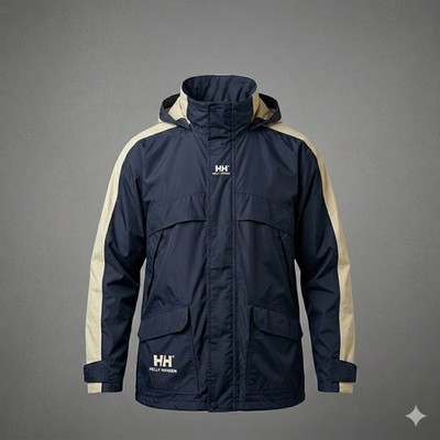 Helly Hansen Jacke Herren Large Navy Blau Creme Colorblock Regen Shell Kapuze HH
