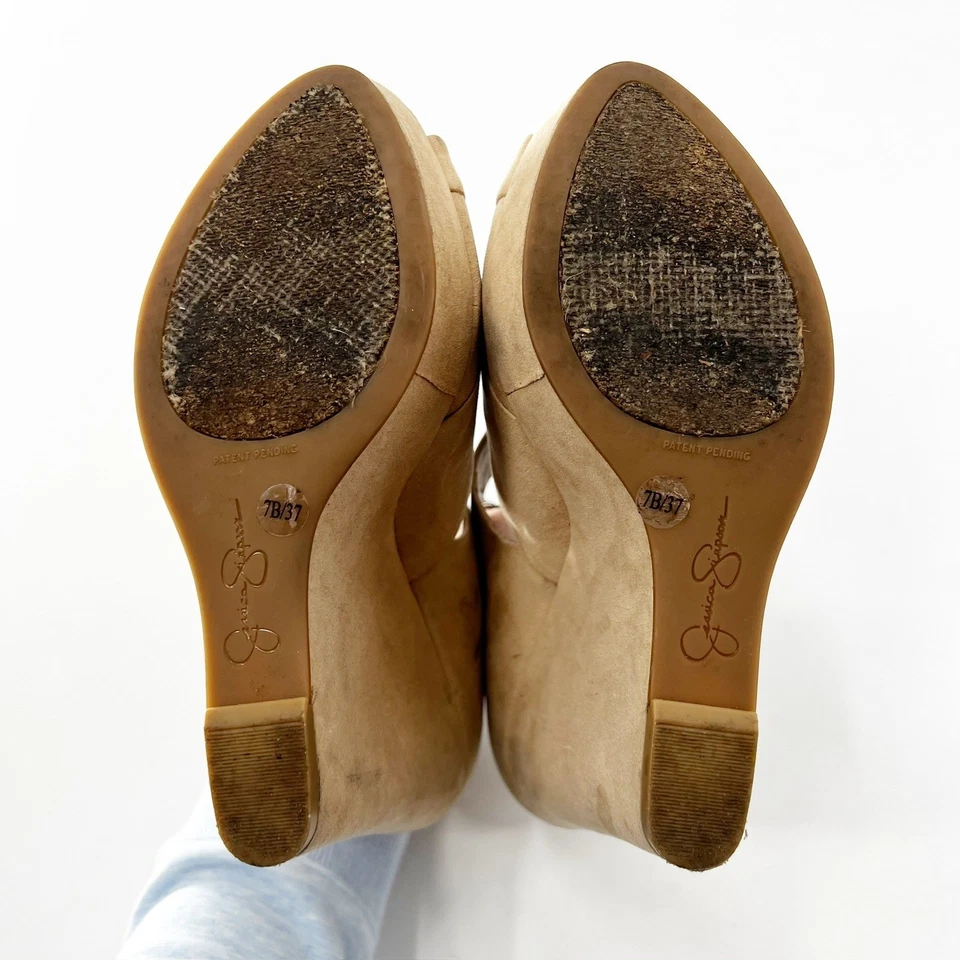 Jessica Simpson Cuñas Tacones Plataformas Peep Toe Criss Cross Bronceado Zapatos Talla 7B Foto 3 de 4