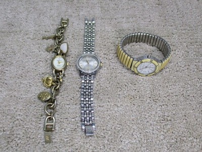 Anne Klein Gold Silver Tone Women Quartz Watch Lot Of 3 Charm Bracelet Ceramic