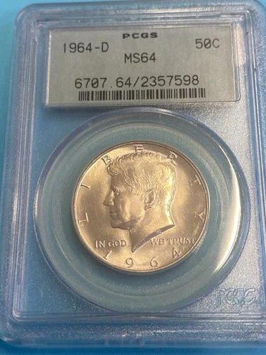 1964-D Kennedy Silver Half Dollar Blast White PCGS Graded MS 64 Old Green Holder