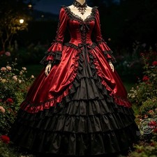 Vintage Victorian Dark Red Prom Dresses Ruffle Tiered Black Rococo Evening Gowns