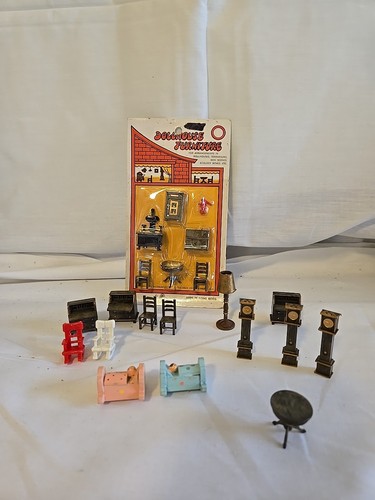 Mini Dollhouse Furniture 21 Piece Set Clock Desk Hutch Tables Chair Lamp Vintage