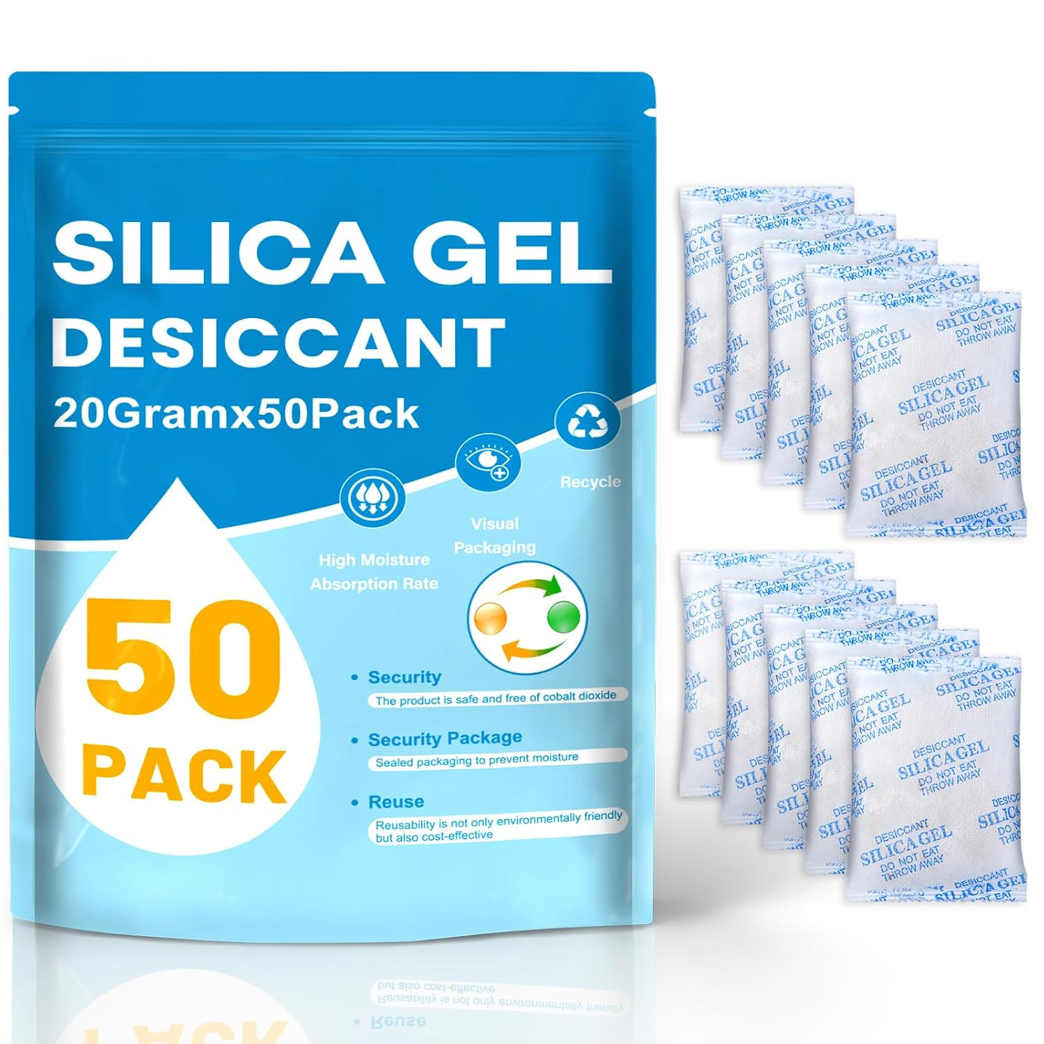 20 Gram 50 Pcs Color-Indicating Silica Gel Packets, Premium Food Grade Desiccant