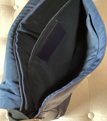 Blue Leather Messenger Bag for 15'' Laptop Adjustable Strap Solid Pattern