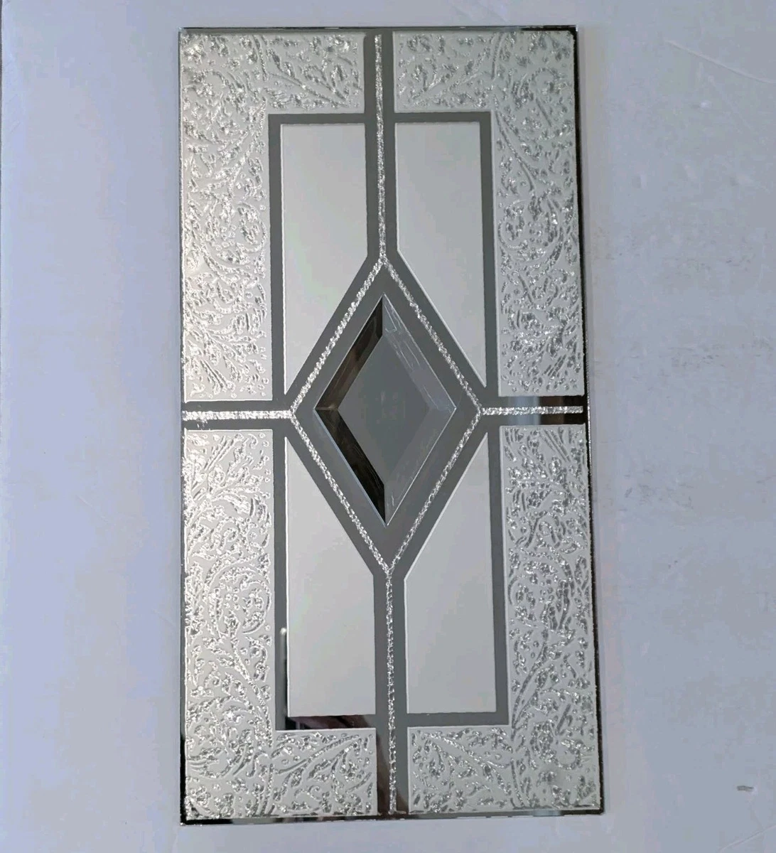 Vintage Art Deco Etched Mirror Panels Pair Frosted Glass Diamond Insert Set of 2