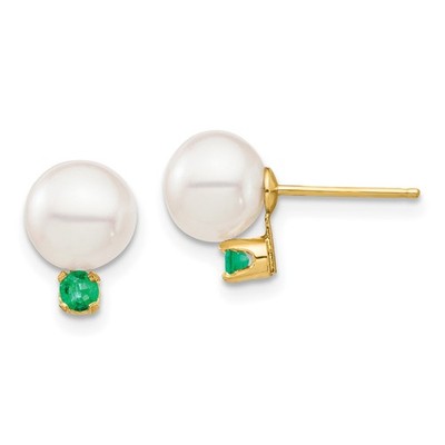 Ohrstecker 14 Karat Gelbgold 7-7,5 mm weiße runde Zuchtperlen und Smaragd
