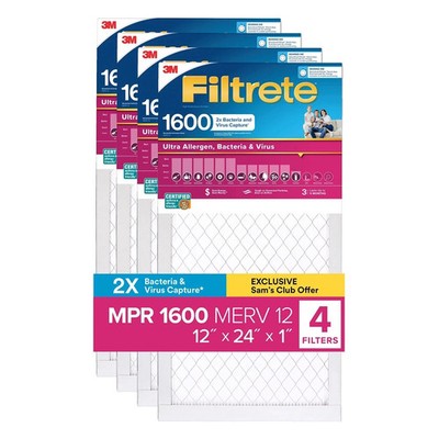Filtrete Ultra Allergen 2X Bacteria & Virus Filter (1600 MPR), 12x24x1 (4 Pack)