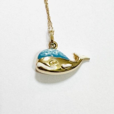 Massive 14k & 10k Gelbgold blaue Emaille Ozeanwal Anhänger Kette Halskette 18''