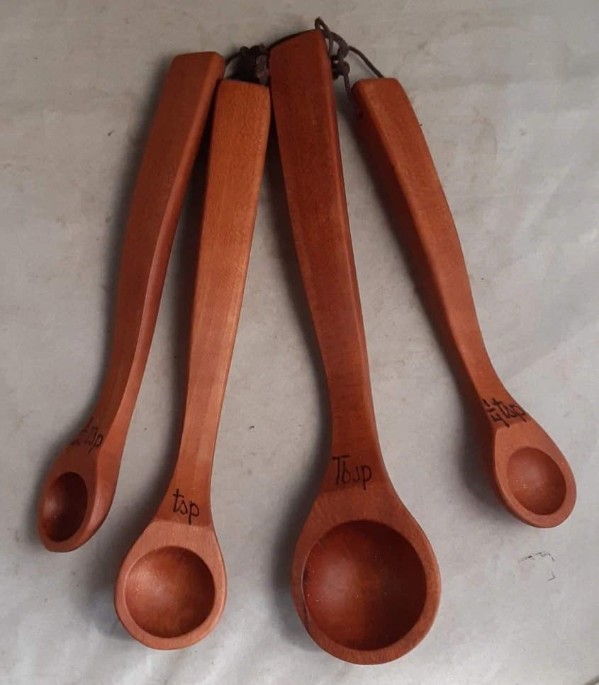 ​Hand Carved Cherry Wood Measuring Spoon Set 4pc Rustic Farmhouse Kitchen Decor