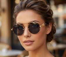 Woman's Round Sunglasses Gold Frame Blue Gradient Lens Cat Arms UV400 Fashion