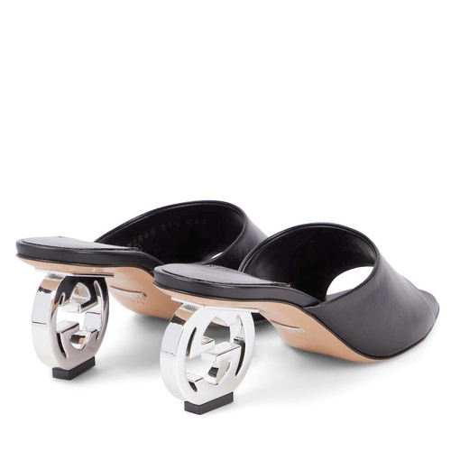 Gucci 65 sandali neri Bella GG tacco pelle slide argento 37,5 - Foto 6 di 10