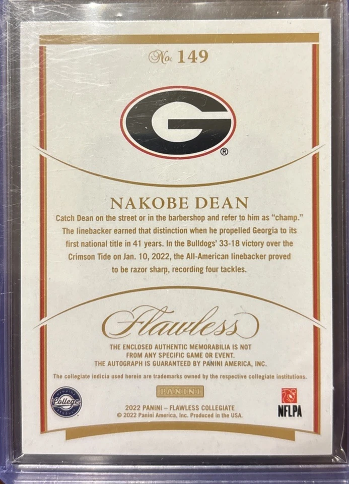 Nakobe Dean 2022 Panini Flawless Collegiate Emerald /5 Georgia Bulldogs - Image 2 of 3