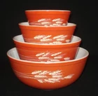 PYREX - 4 pc. Tan Wheat on Rust AUTUMN HARVEST Mixing, Nesting Bowl Set