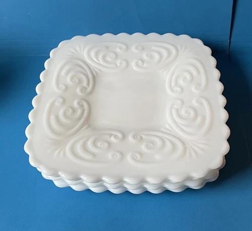 Vintage White Milk Glass Square Sandwich Salad Plates Set Of 4