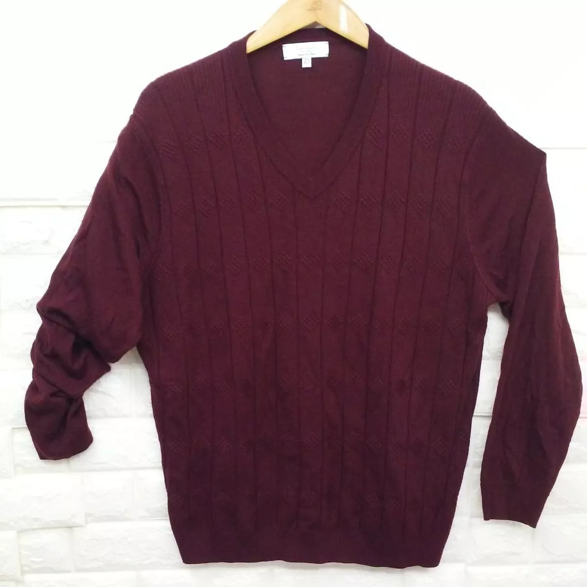 Turnbury Merino Wool Ribbed Cable Knit Sweater V Neck LS Unisex Mens XLT Wine