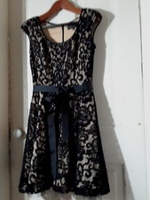 Black Lace Over Tan Evening, Cocktail, Party Dress Sz. 8