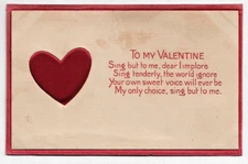 A "To My Valentine" 3 Layer With Applied Red Satin Heart Holiday Postcard- V-34