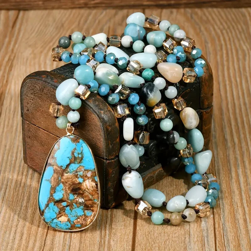 Boho Vintage Amazonite Bead Necklace Pendant Natural Stone Long