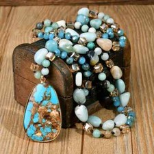 Boho Vintage Amazonite Bead Necklace Pendant Natural Stone Long Chain Women New