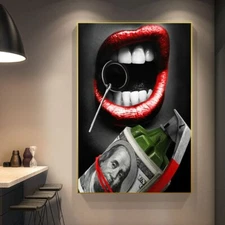 Wall Art Abstract Woman Red Lips and Dollars Money Poster Prints Canvas Painting