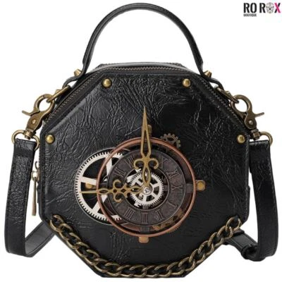 Ro Rox Steampunk Cross Body Bag Cyrus Clock Faux Leather Gothic Octagon