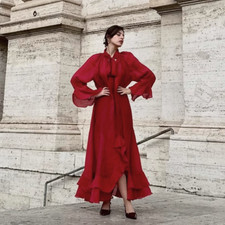 BNWT H M Art. No.: 1262490002 Flounced Tie-Neck Dress Maxi Long Red XS, S, M, L