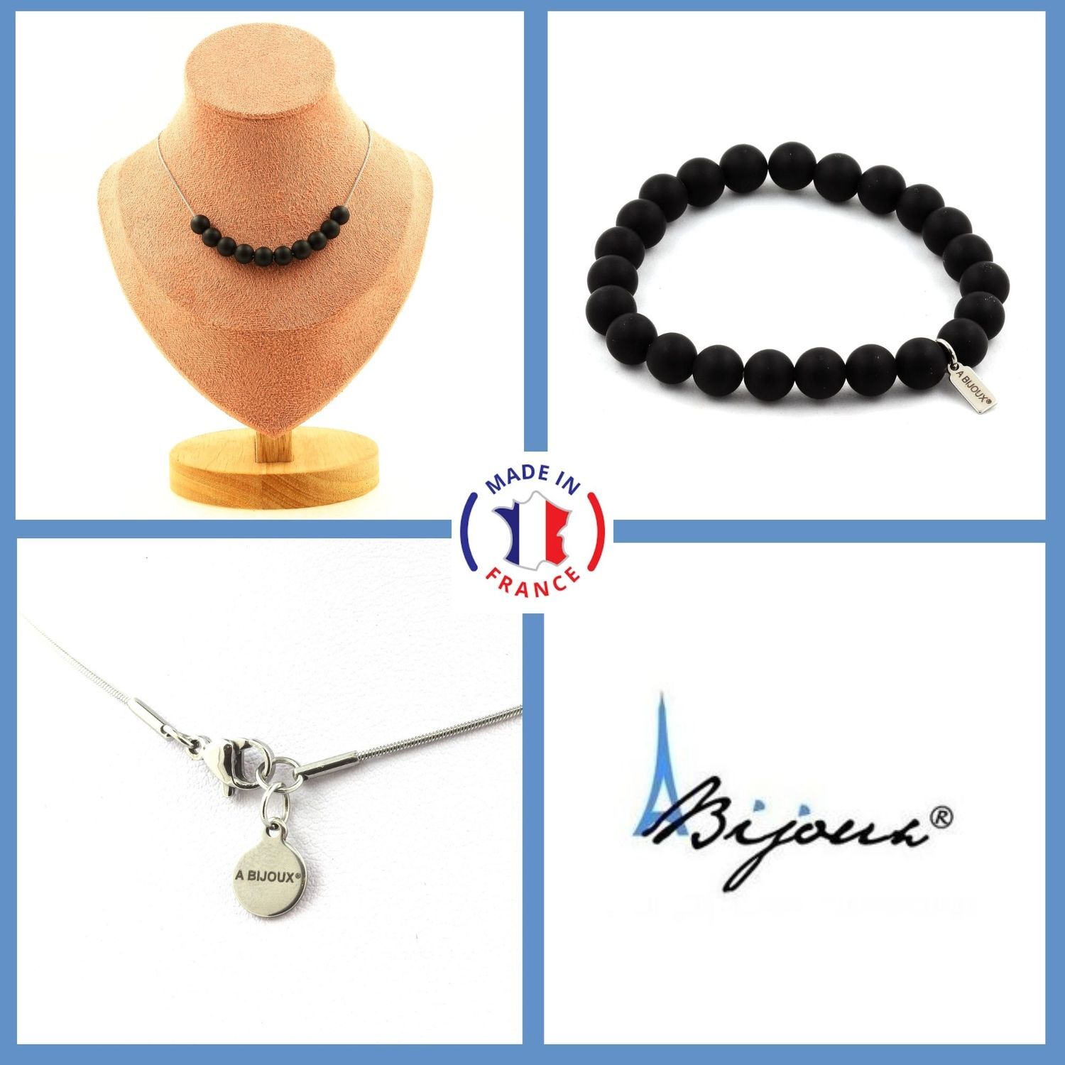 Parure collier et bracelet onyx noir mat bijoux parfaits pour le bureau