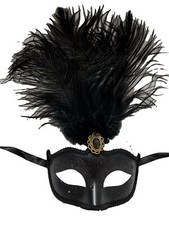 Black Feather Venetian Masquerade Mardi Gras Mask 12" New Years