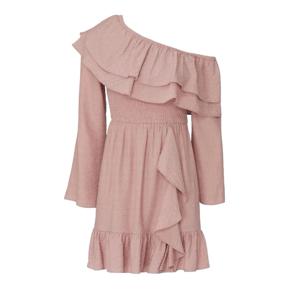 Vestido Wish Rosa Senna Un Hombro Volantes Mini Para Mujer Talla M Ajuste Acampanado Manga Larga Foto 2 de 4